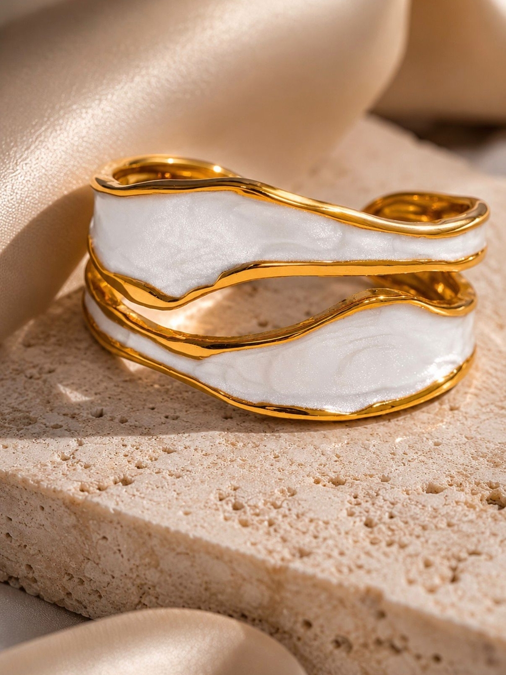 Flexible Gold and White Enamel Wave Ring - Picture 3 of 5
